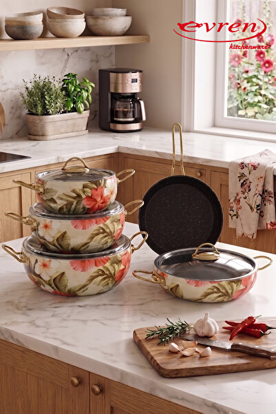 EVREN MUTFAK Evren, 9 Parça Krem Karanfil Desen Granit Tencere Seti Non-Stick...