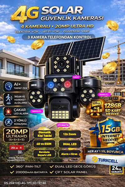 IDS 20MP 4 Lens Sim Kartlı Güneş Enerjili Güvenlik Kamerası 15GB İnternet ve ...