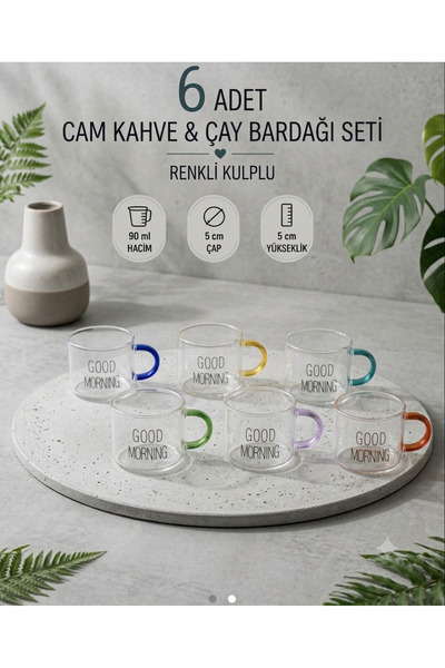 SEVORAHOME Good Morning Yazılı Renkli Kulplu 6'lı Cam Bardağı Seti