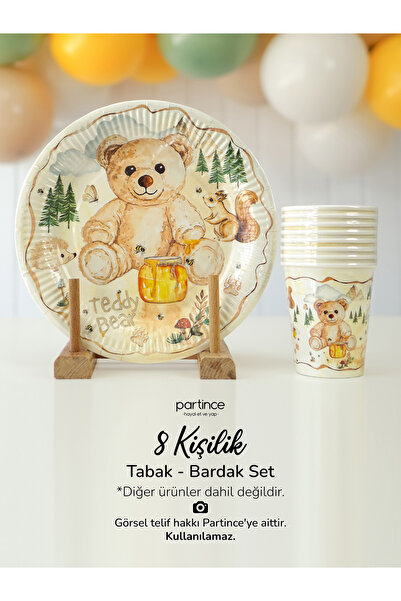 partince 8 Kişilik Teddy Bear Tema Tabak Bardak Set Kullan At Karton Tabak Ba...
