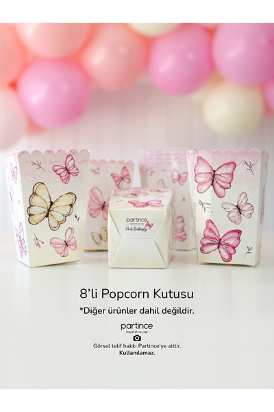 partince 8 Adet Pembe Kelebek Tema Popcorn Patlamış Mısır Kutusu
