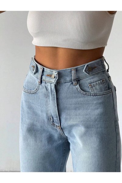 SHEVEGA Kadın Buz Mavi Yüksek Bel Kemer Detaylı Fit Mom Jean Boyfriend Kot Pantolon