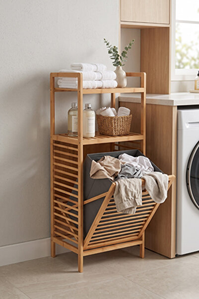 Frapan Home Bambu Kirli Çamaşır Sepetli Banyo Rafı 2 Katlı Çıkarılabilir 32 Litre İç Sepet 30x40x95 cm