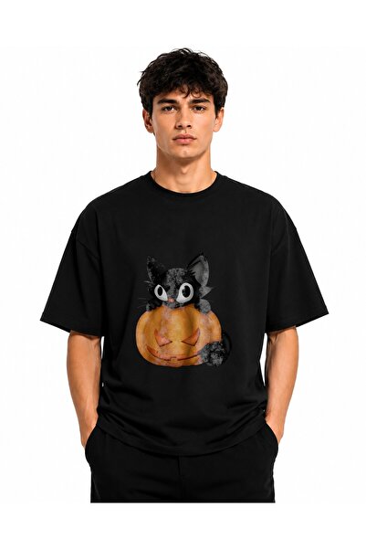 Inscriptie Tricou Unisex Bumbac Premium Casual " Pisica si dovleac "