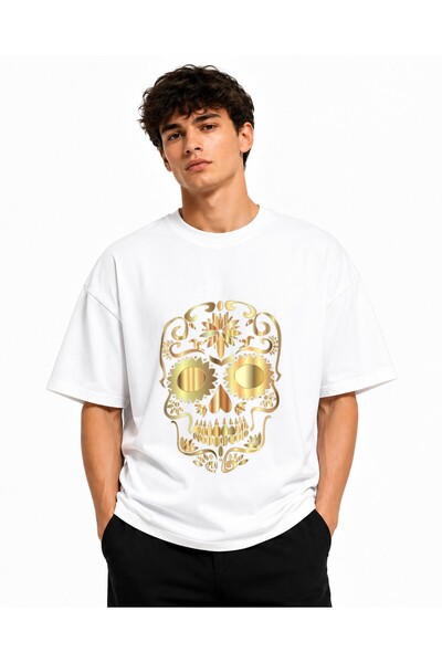 Inscriptie Ουνισέξ Βαμβακερό T-Shirt Υψηλής Ποιότητας  "Χρυσό Κρανίο "