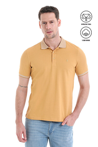 Hatemoğlu Yellow Regular Fit 100% Cotton Non-Curling Polo Collar T-Shirt