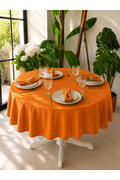 Decamor home Pearl Velvet Textured Stain-Resistant Orange Round Tablecloth (N...