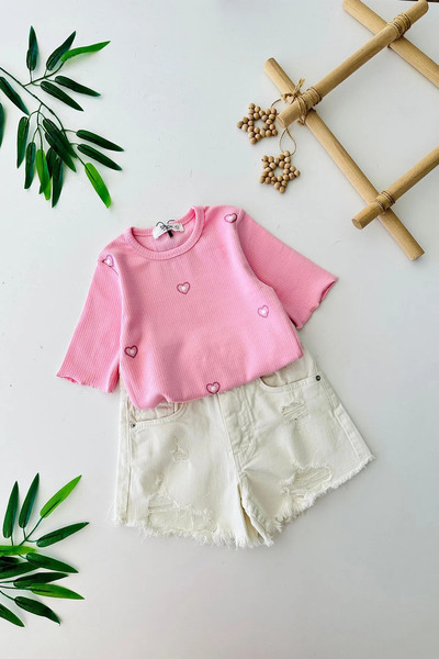Minigimin Cicileri Little Girl's Heart Embroidered Suit with Ripped Jeans Sho...