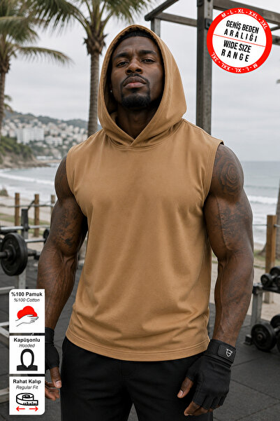 BESSA Men's Tan Hooded Athlete Cotton Sleeveless Sports T-Shirt
