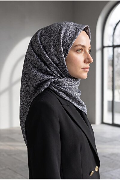 Vissona %100 Twill İpek Dokulu Desen Gri - Siyah Renkli 90x90 Eşarp Kenar Dik...