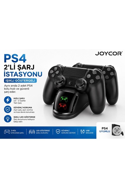 JOYCOR PS4 2’li Şarj İstasyonu Işıklı LED Göstergeli DualShock 4 Kol Şarj Sta...