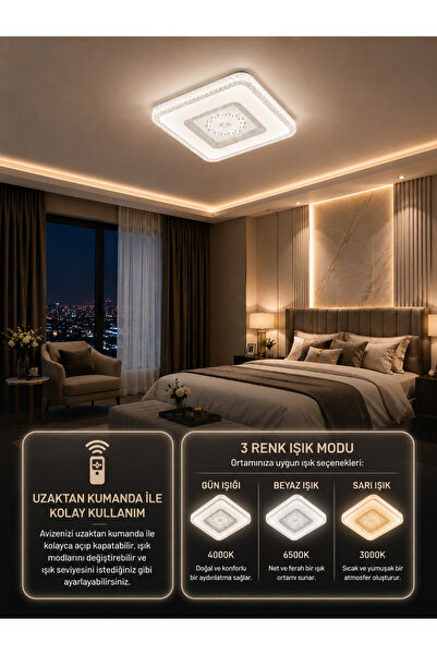 Modavize HİSAR LED KROM Avize Modern Tasarımlı Uzaktan Kumandalı 3 Renk Dimme...