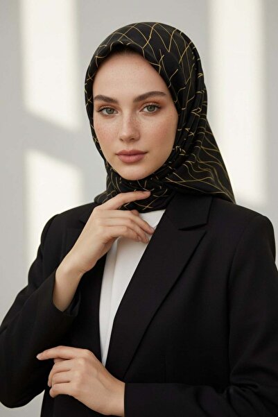 Vissona %100 Twill Çizgili Desenli Sarı - Siyah Renkli 90x90 Eşarp Dikim Şekl...