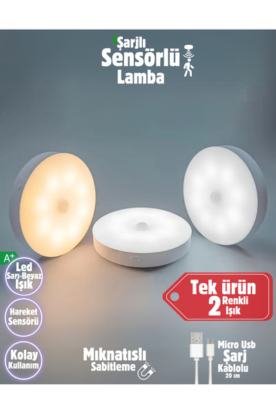 Folveit 2 Renkli Hareket Sensörlü Usb Şarj Edilebilir Led Işık Dolap Içi Gece...