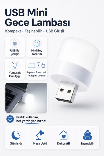 Neovista Mini USB LED Beyaz Gece Lambası - Powerbank ve Laptop Uyumlu Ortam I...