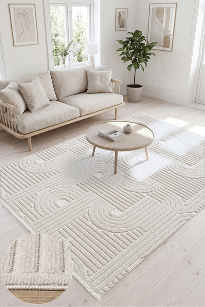 SANRUGS Home & Living VENEDİK Kaymaz Taban ve Püsküllü, Modern Tarz Dokuma Ma...