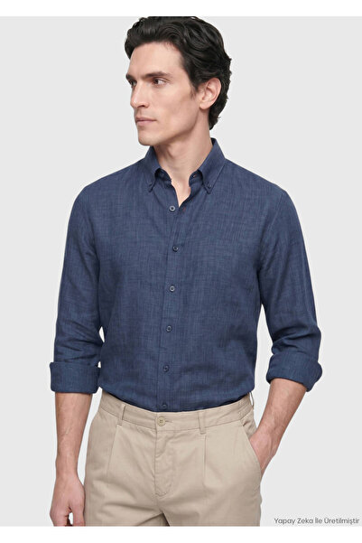 Ramsey قميص كتان 100% مصنوع من القماش المنسوج طويل الأمد بقصة عادية ولون أزرق...