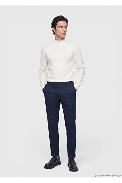 Ramsey Light Navy Blue Patterned Woven Regular Fit Casual Wool Blend Trousers