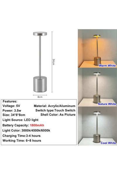 choice2 مصباح مكتب فضي قابل لإعادة الشحن بتصميم نورديك، إضاءة طاولة LED لاسلك...
