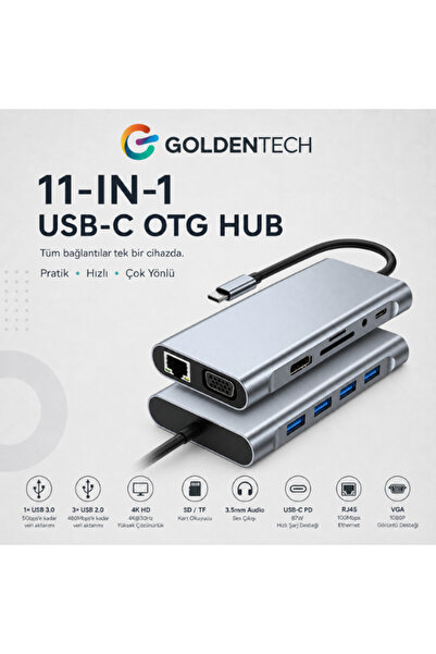Golden Tech 11 In 1 Type-c To Usb Hub Port Uyumlu Adaptör Hdmı 4x Usb Lan Vga...