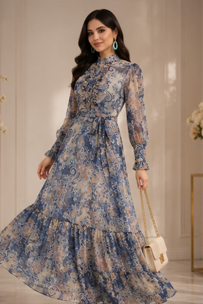 FRIST STYLE Turkish Long Dress Navy Blue Chiffon Dress