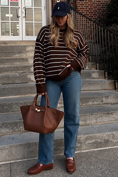 Madmext Brown Striped Women's Knitwear Sweater MG1262