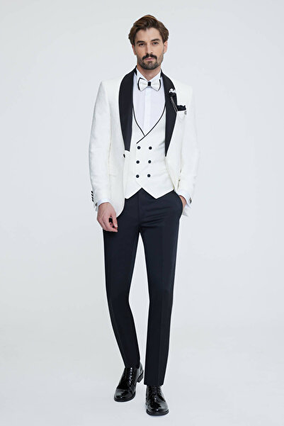 Ysf Erkek Beyaz Slim Fit Şal Yaka Desenli Damatlık