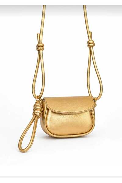 ÖZÜM ÇANTA Women's Mini Size Adjustable Strap Knot Detail Shoulder and Crossbody Bag Gold (15*13 cm)