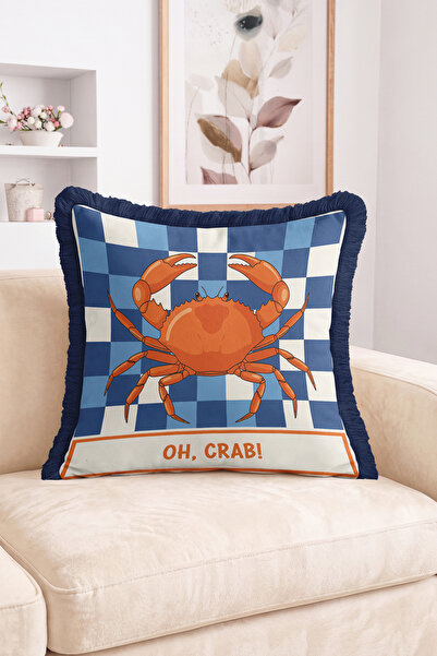 Realhomes Oh, Crab! Checkered Patterned Fringed Throw Pillow Cover with Writt...