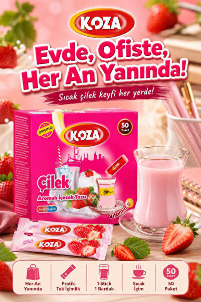 Koza Gurmelerin Seçimi Pratik Lezzet Çilek Aromalı Tek İçimlik Çilek Çayı Premium İçecek Tozu 50 Stick
