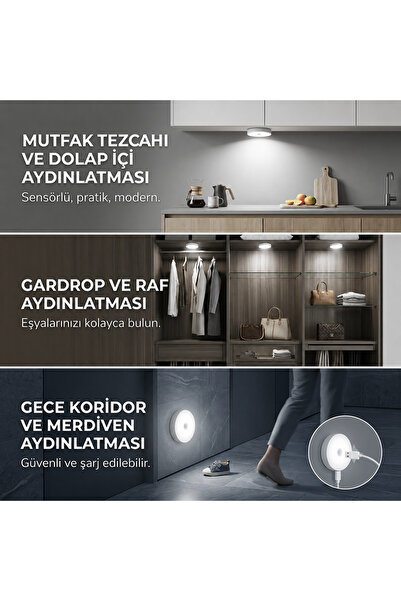 Armony Hareket Sensörlü ve Fotoselli Şarjlı Yuvarlak LED Lamba ( 1 Adet ) Beyaz