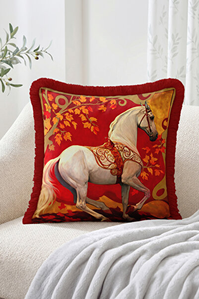 Realhomes White Horse Figured Autumn Leaf Patterned Red and Yellow Fringed Th...