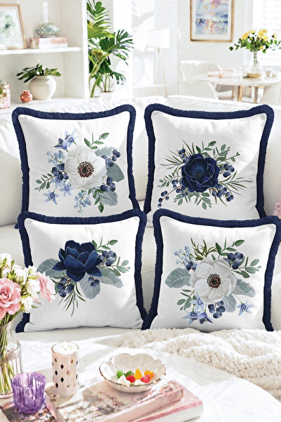 Realhomes Navy Blue and White Floral Patterned 4-Piece Fringed Throw Pillow C...