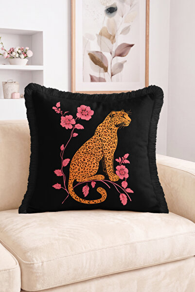 Realhomes Leopard Figured Pink Floral Patterned Black Fringed Throw Pillow Co...