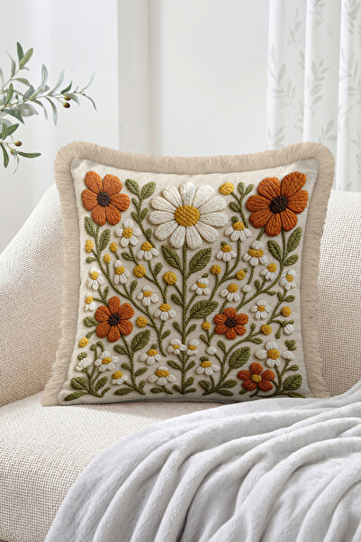 Realhomes Beige Fringed Cushion Cover with Daisy and Orange Floral Embroidery...