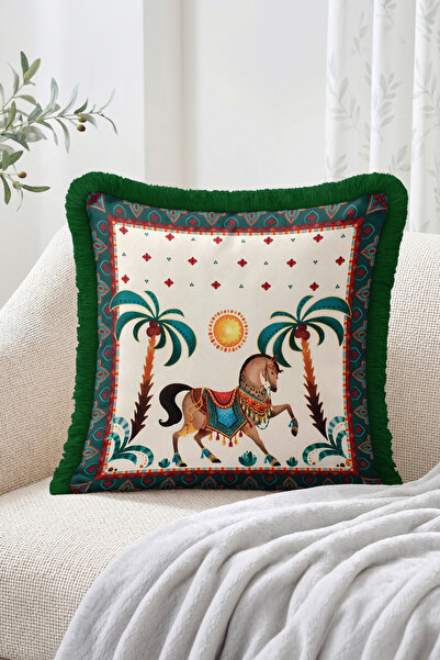 Realhomes Green Fringed Cushion Cover with Horse and Palm Tree Figures and Su...