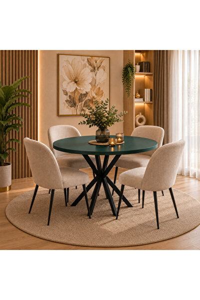 DUDECOR Modern Yuvarlak 90 cm Yemek Masası-Mutfak Masası Petrol Yeşili MDF de...
