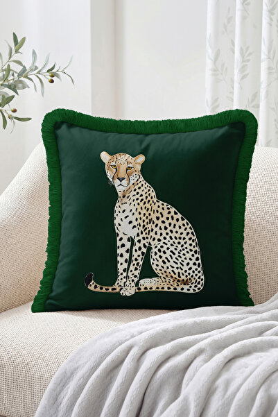 Realhomes Cheetah Figured Fringed Throw Pillow Cover with Dark Green Backgrou...