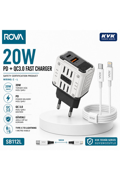 ROVA SB112L 20W PD + QC 3.0 Hızlı Şarj Adaptörü + Type-C to USB-A 1 Metre Kab...