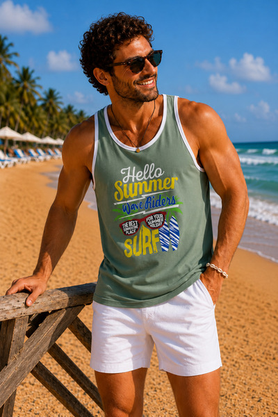 İLKCET MODA Men's Beach Themed Printed Oversize Tank Top
