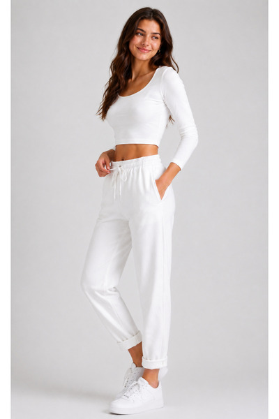 nurneva Women's White Color Elastic Waist Ankle Length Neva Model Trousers