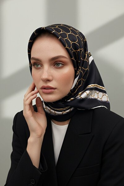 Vissona نمط حلقة ذهبية من الحرير الأسود - كريمي 90x90 وشاح زراعة الشكل: خياطة...