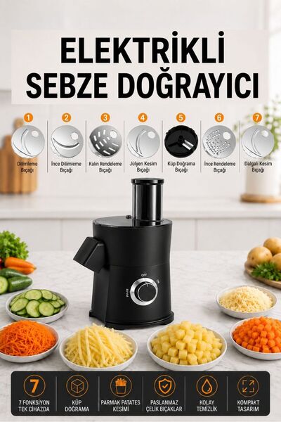 ROBO Elektrikli Sebze Meyve Doğrayıcı – 8 mm Küp Doğrama, 7 Kesim Aparatı, 65...