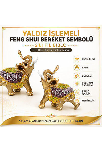 e-life shop Yaldız İşlemeli Feng Shui Bereket Sembolü 2'li Fil Heykeli Dekora...