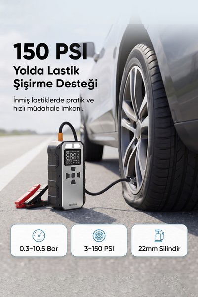 S-LINK AKT2027 Gümüş 8000mAh 150 Psi 4 in1 Powerbank+ LED Işık Lastik Sisirme Ve Akü Takviye cihazı