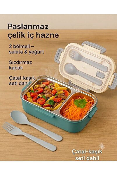 Sowo Home Steel Lunch Box 2 Compartments, with Fork Spoon, Air Lock, Microwav...