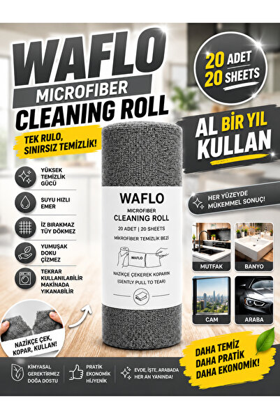 WAFLO 20'li Mikrofiber Temizlik Bezi Rulosu-Gri-Yüksek Emicilik- 25x25 cm