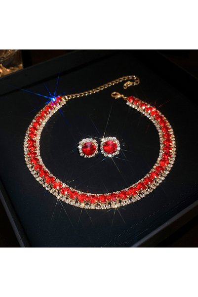 Choice7 red Inlaid Rhinestone Square Zircon Necklace Earring Set for Women Li...