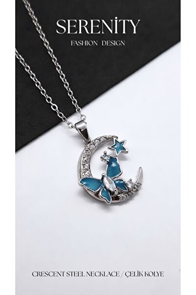 Serenity Butterfly Crescent Figure Steel Necklace