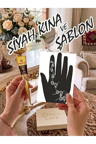 EYMEN ÇARŞI /Kına Kalıbı ve Kına/Sağ El Deseni Kına Şablonu ve Siyah Hint Kın...